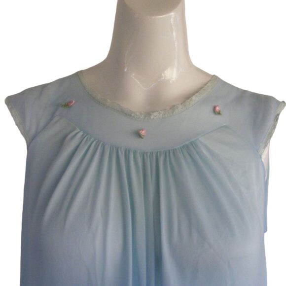VINTAGE Nightgown, S, Nylon, Semi-sheer, Applique Flowers, Blue - Picture 2 of 8